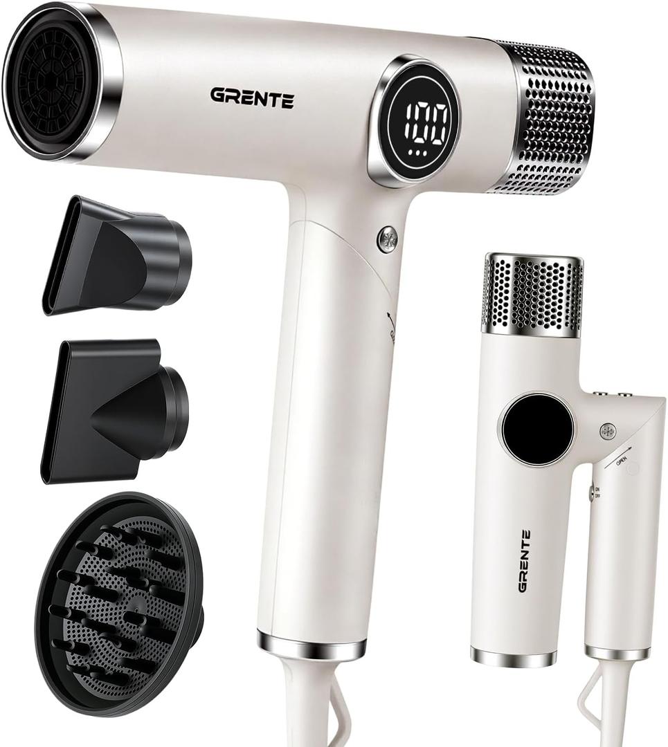 White Blow Dryer with Diffuser, Professional High-Speed Ionic Hair Dryer with Digital Temperature Display, Magnetic Diffuser & Concentrator, Lightweight & Low Noise for Home and Travel
