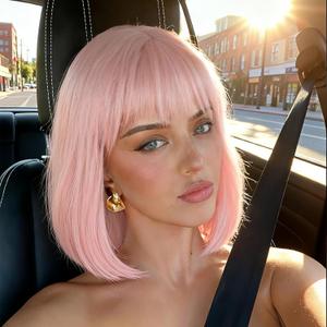 Light Pink Bob Wigs with Bangs (Can Be Trimmed) Straight Short Wigs for Women Synthetic Pink Wig for Cosplay Women Funny Wig for Party Halloween Daily Anime Costume Events Wear