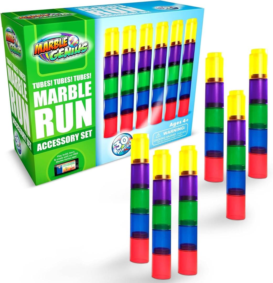 Marble Genius Tubes, 30pcs Marble Run Accessory Set for Kids Ages 4+, Fun Building & Learning Educational Construction Add-on Kit for Teens STEM