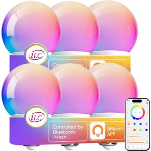 ILC G25 Globe Light Bulbs, App-Controlled Vanity Light Bulbs with Bluetooth Mesh, Color Changing, 1600 Million Colors, 6W, 60W Equivatlent, 600LM, CCT: 2700K-6000K, CRI>95+, E26 Base (6 Pack)