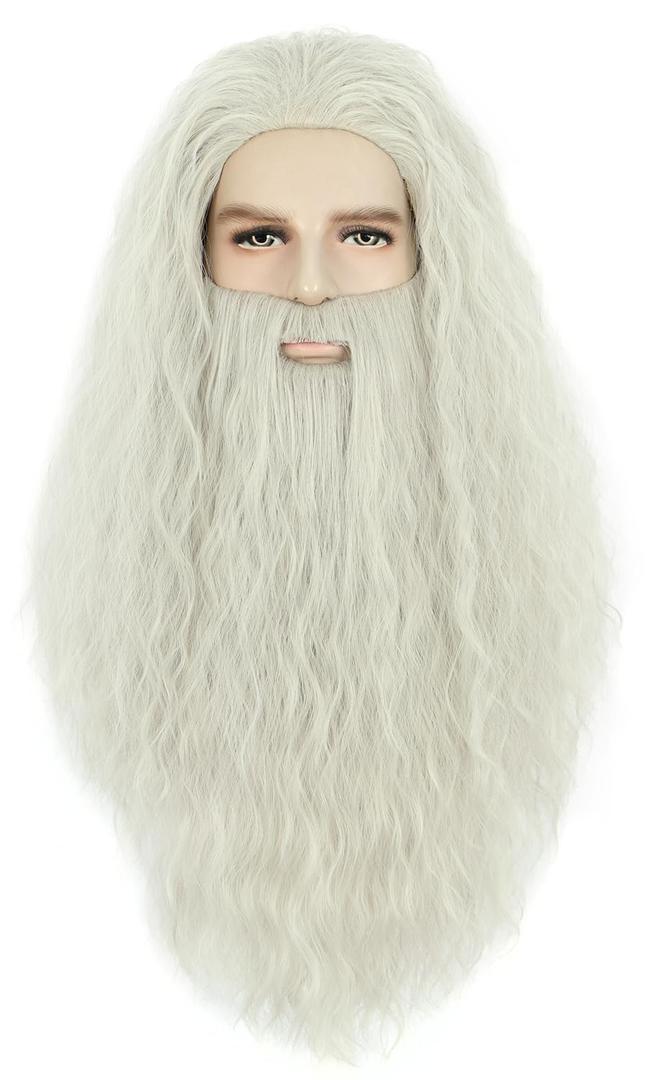 karlery Men Long Curly Grey Wizard Wig and Fake Beard Halloween Cosplay Costume Accessory Wig