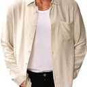 Verdusa Men's Casual Button Down Shirts Vacation Long Sleeve Collared Tops Beige Medium