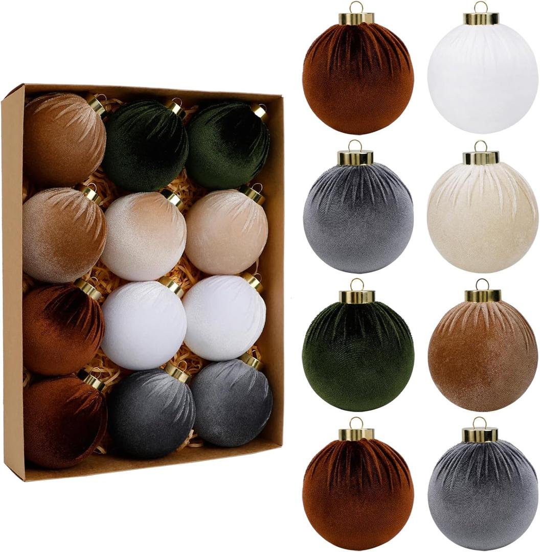 SUPREME XMAS 12 Pcs Christmas Tree Ornaments Set, 80mm/3.15in Large Velvet Christmas Ornaments for Xmas Tree Decorations Shatterproof Hanging Flocked Balls Ornaments Holiday Party Indoor Home Decor