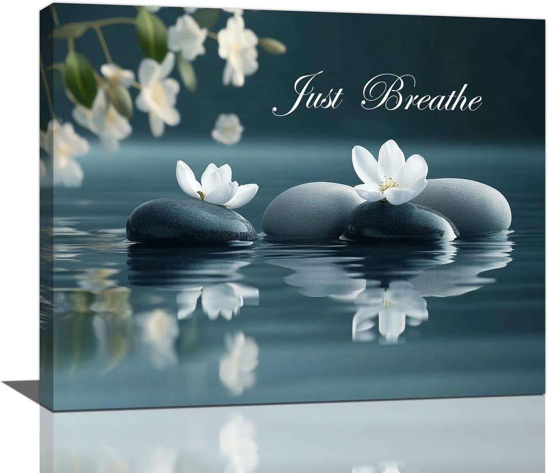Zen Bathroom Wall Art Flowers Picture Wall Decor Just Breathe Quotes Canvas Painting Spiritual Stone Pictures Home Decoration for Office Bathroom Bedroom Living Room Framed 20"x16"