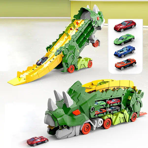 Dinosaur Foldable Truck Toy for Kids Ages 3-8 - Includes 4 Metal Mini Cars and Launcher, Dinosaur-Themed Transporter Truck with Handle, for Boys and Girls (Green)