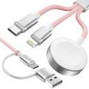 Travel Essentials,3 in 2 USB C Cable for Apple Watch Charger,iPhone Charger,Multi Charging Cable,Cruise Vacation Camping Essentials,Portable for iWatch Series 11-2/Ultra/SE & iPhone 17-12,Car,Pink