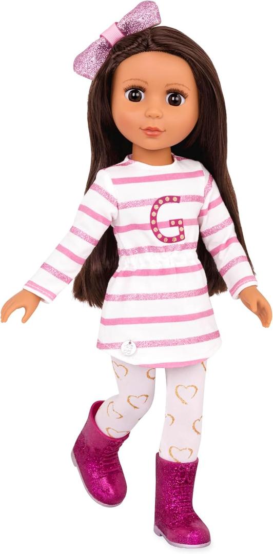 Glitter Girls – 14-Inch Fashion Doll – Straight Brown Hair & Brown Eyes – Striped Tunic & Glitter Boots – Hair Bow & Heart Leggings – 3+ Years– Sarinia