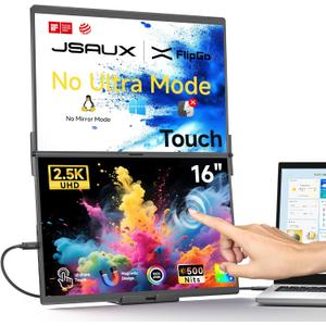 JSAUX FlipGo Touchscreen 16" Dual Portable Monitor, 2.5K Triple Laptop Touch IPS Screen Foldable Extender for Laptop[Windows/Linux] One Cable to Dual/Magnetic Design/Built-in HUB/HiDPI Display