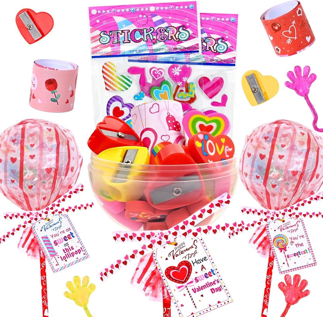 Waipfaru 24 Pack Valentines Day Gifts, Valentine's Day Cards for Students, Lollipop-Shaped Stationery Set with Pencils Stickers Erasers Sharpener for Boys Girls School Classroom Exchange Party Favors (Red)