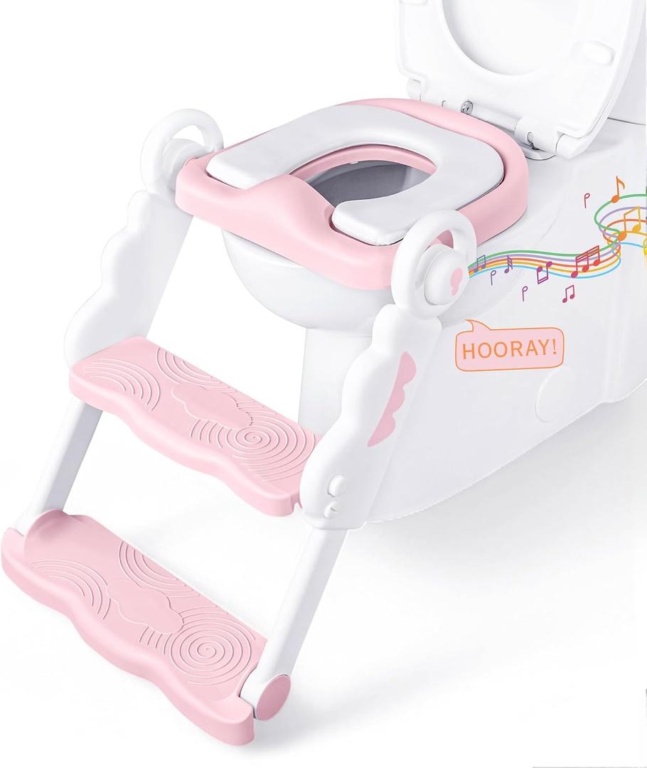 bebeleh Musical & Sound Toddler Potty Training Seat w/Step Stool Ladder - Collapsible & Adjustable Toilet, Pre Assembled Toddler Toilet Seat w/Music & Sounds - Splash Guard & Anti-Slip Steps - Pink