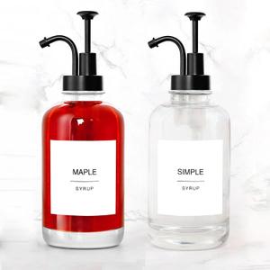 Glass Syrup Pump Bottle Dispenser for Coffee Bar Accessories with 84 Labels (Set of 2), 16.9 oz, Matte Black