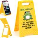 Funny Office Humorous Sarcastic Never Frog-Et Desk Sign Yellow Warning Style Table Decor Humor Gift for Coworkers Friends Home Office Tabletop Cubicle Phone Holder Mirror Stand