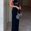 EYNMIN Women's V Neck Bodycon Maxi Dress Spaghetti Strap Cut Out Slit Long Formal Cocktail Party Wedding Guest Dresses (Black, L)