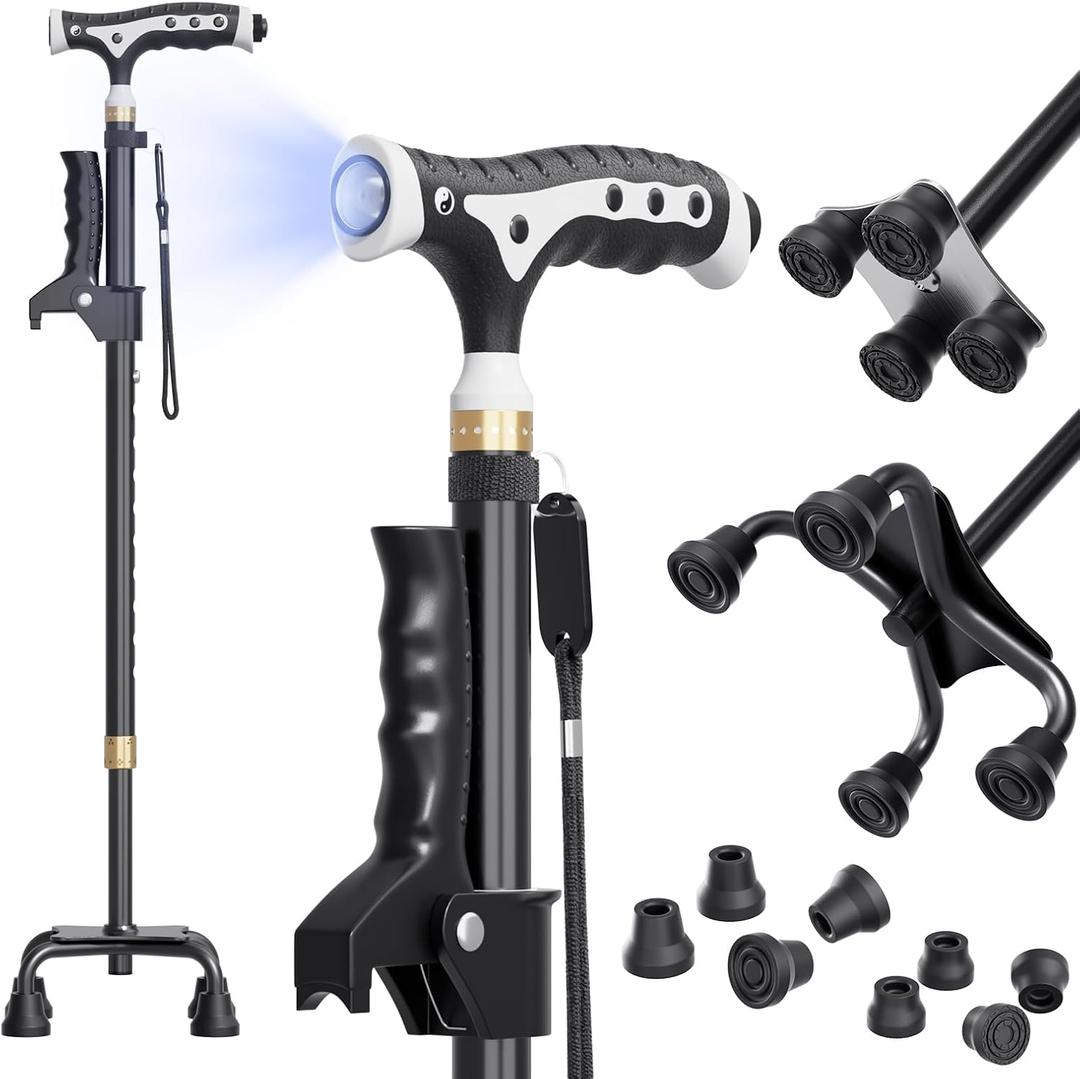 Hold 440 lbs Walking Cane for Seniors Aluminum Alloy Lightweight Height Adjustable Walking Stick Heavy Duty Foldbale Free Standing Cane with LED for Men and Women Adults, 38"