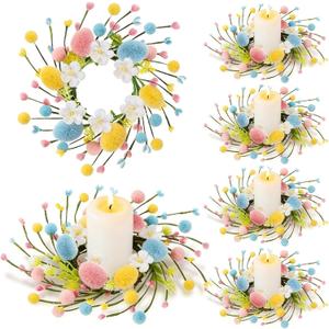 6 PCS Easter Egg Candle Rings Wreaths Artificial Easter Colorful Egg Berry Flower Candle Rings Holder Mini Spring Wreath for Holiday Party Home Kitchen Table Centerpiece Door Wall Window Chair Decor