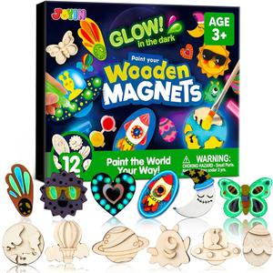 JOYIN 12 Glow in The Dark Wooden Magnets for Kids, Paint Your Own Arts and Crafts Painting Kit, Halloween Crafts Birthday Parties and Family Crafts Gift, Party Favors for Boys Girls Ages 3+