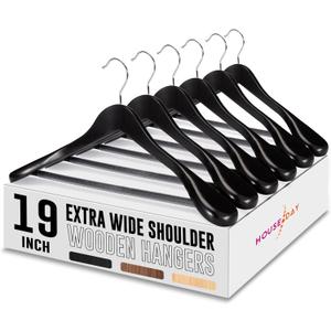 HOUSE DAY 19'' Extra Wide Shoulder Wooden Hangers 6 Pack, Premium Large Wood Suit Hangers with Non Slip Pant Holder, Wide Shoulder Hangers for Suits, Coats, Jackets, Heavy Wide Clothes Hanger, Black