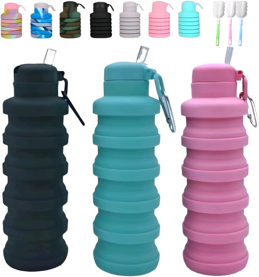 Collapsible water bottles 3 Pack with brush,BPA Free Travel Silicone Water Bottle with Carabiner,Reusable Foldable Portable Lightweight Sports bottles for Gym Camping Hiking (Black+Pink+Blue)