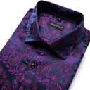 Mens Silk Paisley Dress Shirt Casual Button Down Shirt Long Sleeve Western Floral Shirts Wedding Party Holiday (Purple, XXL)