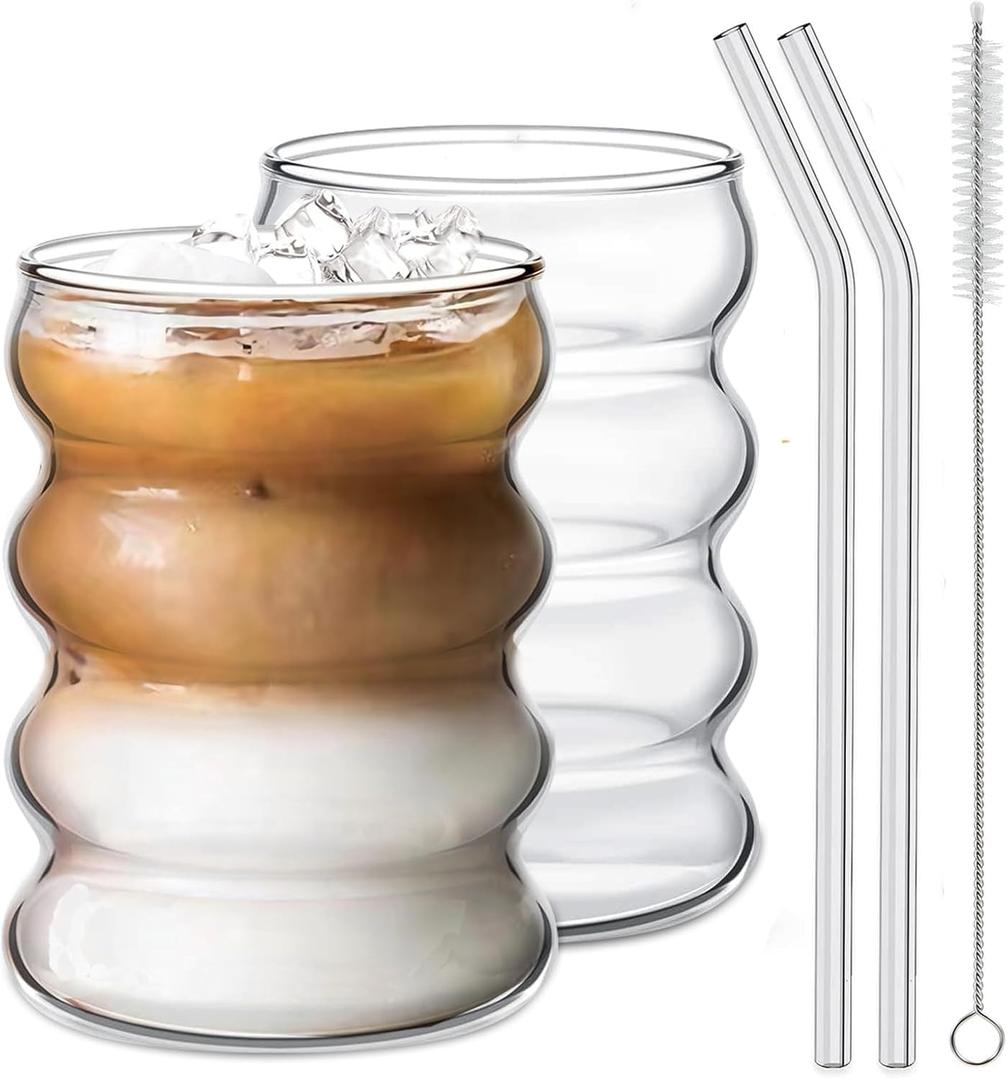 2 Pcs Drinking Glasses With Glass Straw 14 Oz Glassware Set,Cocktail Glasses,Iced Coffee Glasses,Beer Glasses, Ideal for Water, Soda, Tea, Gift - with Cleaning Brushe