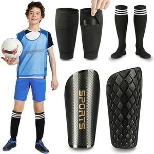 Soccer Shin Guards Toddler and Kids - Shin Pads Set with Shin Sleeves and Long Soccer Socks Teens Boys and Girls - Lightweight Football Equipment (M, Black)