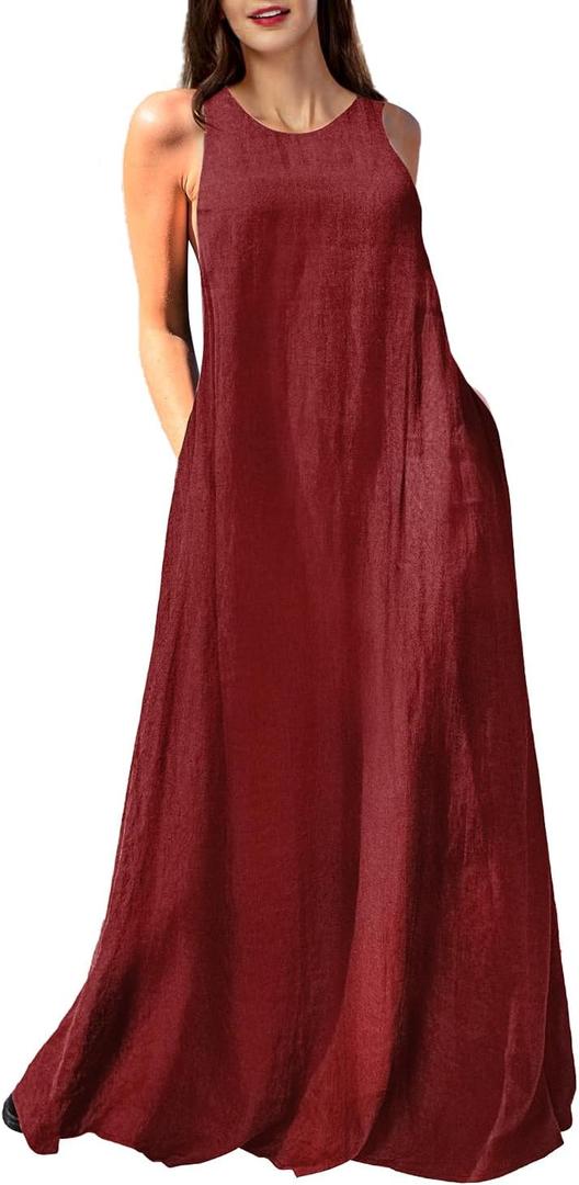 Rainday Women's Linen Dress Sleeveness Loose Dresses Casual Maxi Dress with Pockets (Medium, Z3019rd)