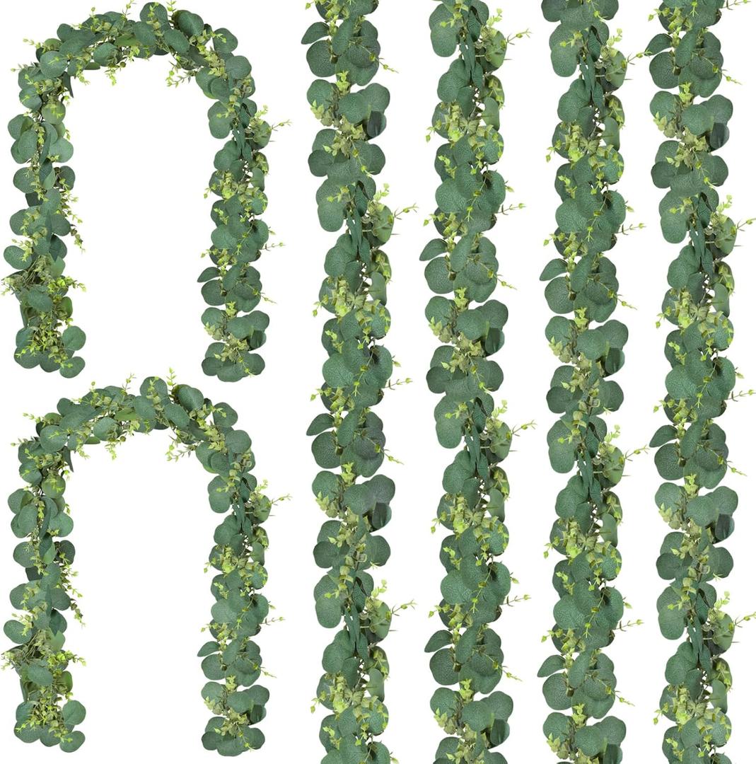 CQURE 6Pcs Eucalyptus Garland,Artificial Eucalyptus Leaves Table Greenery Garland Wreath Vines for Wedding Party Table Bedroom Wall Decor (35.4 Ft)