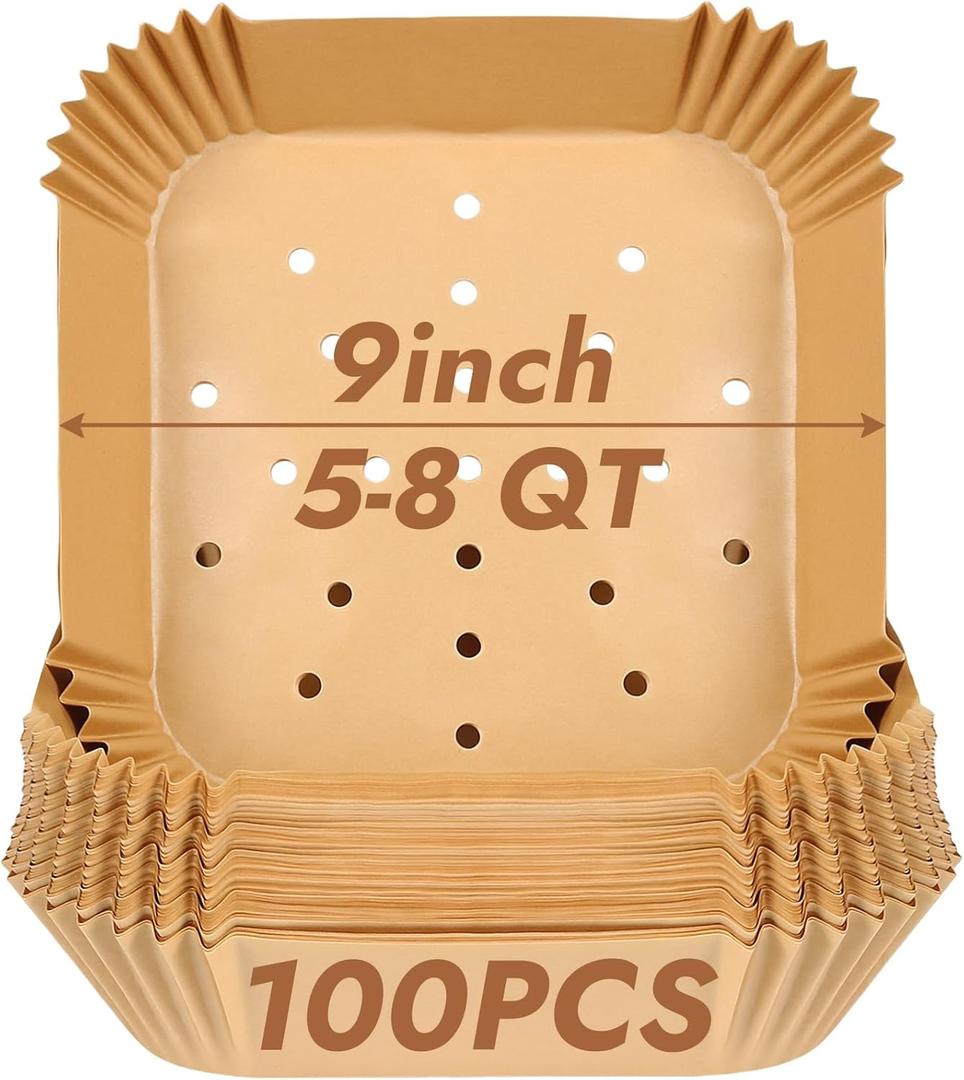 BYKITCHEN Perforated Air Fryer Liners for Ninja Pro AF141/AF181, Chefman, Instant Vortex, Cosori&5-8 QT Airfryer, 100PCS 9 Inch Disposable Air Fryer Parchment Paper Sheet Filters, Airfryer Accessories