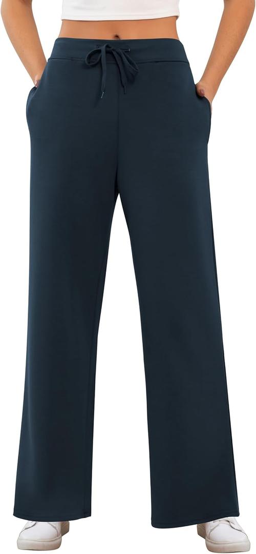 ZJCT Womens Sweatpants Wide Leg Loose Pants High Waisted Drawstring Casual Baggy Lounge Yoga Pants with Pockets (Large, Navy Blue)