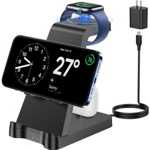 3 in 1 Charging Station for Apple Products - Wireless Charging Station for Multiple Devices - Phone and Watch Charger Stand for iPhone 15/14/13/12/11 Series, iWatch Series 1-9/Ultra, AirPods (Black)