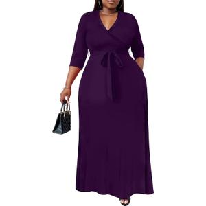 Nmoder Plus Size Maxi Dress for Women - Summer Casual 3/4 Sleeve Floral Flowy Long Dress with Belt XL- 6XL (Purple, XXL)