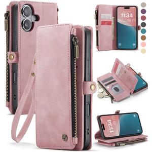 Defencase Compatible with iPhone 16 Case Wallet with RFID Blocking Card Holder for Women and Men, Fashion PU Leather Magnetic Snap Flip Zipper Strap Wallet Phone Case for iPhone 16 6.1", Rose Pink