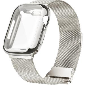 Geoumy Metal Magnetic Bands Compatible for Apple Watch Band 45mm with Case, Stainless Steel Milanese Mesh Loop Replacement Strap Compatible with iWatch Series 10-1 SE Women Men,Starlight