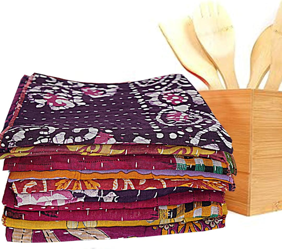 Wholesale Lot of Indian Vintage Kantha Kitchen Towels Table Decor 100% Cotton Handmade 16X16 Inch Peinted Home Decor Bohemian Kantha Napkins (6)