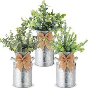 3 Pack Farmhouse Faux Eucalyptus Plants Artificial Potted Fake Plants Rustic Galvanized Metal Milk Can Vase Faux Eucalyptus Arrangement Centerpiece for Wedding Home Indoor Table Shelf Dcor
