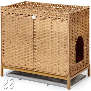 Cat Litter Box Enclosure Furniture, Hidden Handwoven Rattan Litter Box with Mat, Large Cat House with Metal Heightened Feet, 30.3 x 18.3 x 28 Inches, Indoor for Living Room, Bedroom Natural