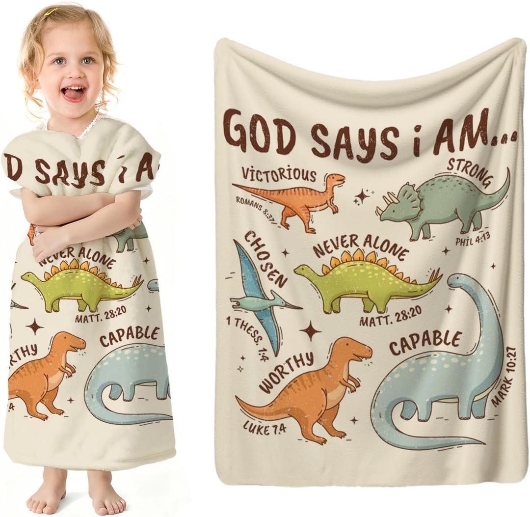 SPBL&L Christian Dinosaur Kids Blanket, God Say I Am Bible Verse Inspirational Dino Throw Blanket Gifts for Kids Boys Nursery Room Bedroom Couch Bed Decor, Dinosaur Room Decor for Boys,29.5x40Inch