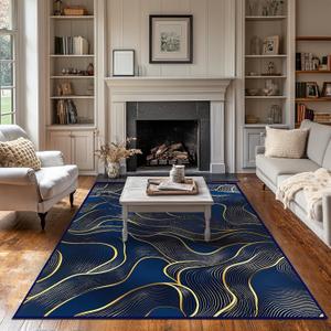 5x7 Area Rug Blue Gold Modern Rug for Living Room Indoor Machine Washable Abstract Rugs for Bedroom Ultra Soft Dining Room Large Carpet Non-Slip Non-Shedding Throw Rug for Home Office Kids Playroom