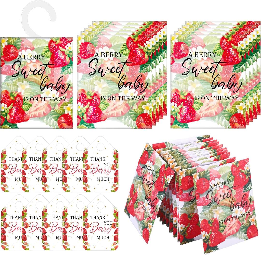 50 Sets Baby Shower Favors for Guests Strawberry Scented Sachets Bulk Berry Sweet Scented Air Freshener with Thank You Card Organza Bag Set for Baby Shower Return Gifts