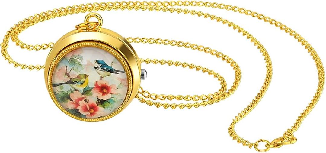 JewelryWe Vintage Pocket Watch for Women Classic Gold Plated Round Analog Quartz Clock Pendant Necklace Watches with Chain for Christmas