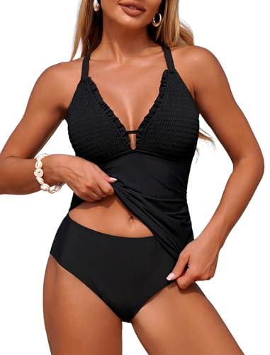 ZAFUL Tankini Swimsuits for Women Smocked Two Piece Tankinis Modest Tummy Control Bathing Suit Cute Striped Push Up Swimsuits with High Waisted Bottom Slimming Full Coverage Swimwear Black S