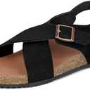 Intini Women's Cork Footbed Sandals with Arch Support Suede Leather Flat Slides Sandals Comfort Open Toe Slip On Shoes for Outdoor Summer Adjustable Buckle & Crisscross Band Size 40