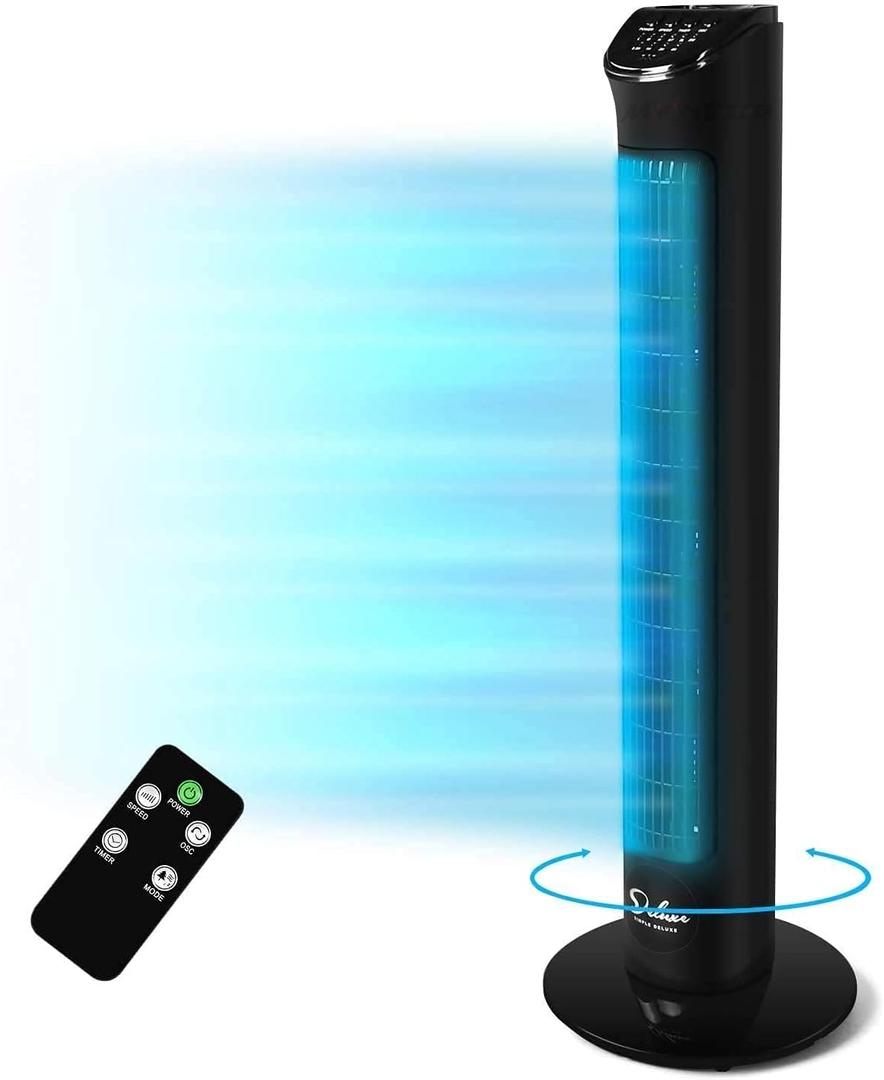 Simple Deluxe 32-Inch Oscillating Tower Fan for Bedroom with Remote Control and 3 Speeds, 3 Modes, Low Noisy Bladeless Fan for Indoor Home Office, Black