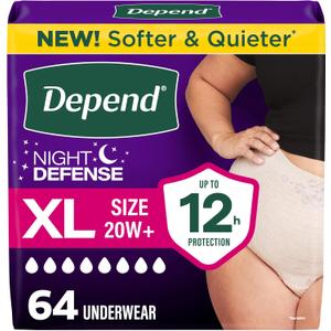 Depend Night Defense Adult Diapers, Incontinence & Postpartum Bladder Leak Underwear for Women, Disposable, Overnight, XL, Blush, 64 Count