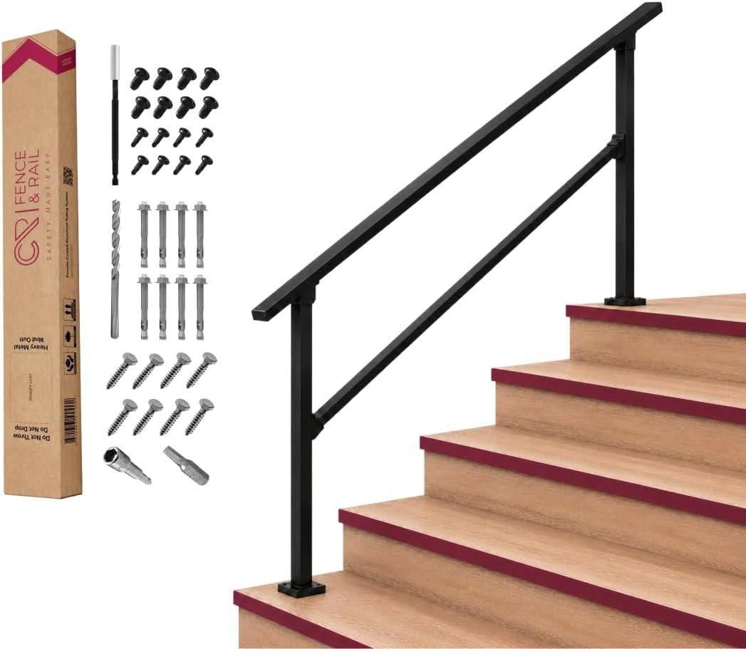 CHR Fence & Rail Hand Rails for Outdoor Steps, 5 Step Handrail & Indoor Stair Railing Kit, Railings for Outdoor Steps and Hand Rails for Seniors for Porch Railing & Deck Hand Rail, 4 to 5 Steps