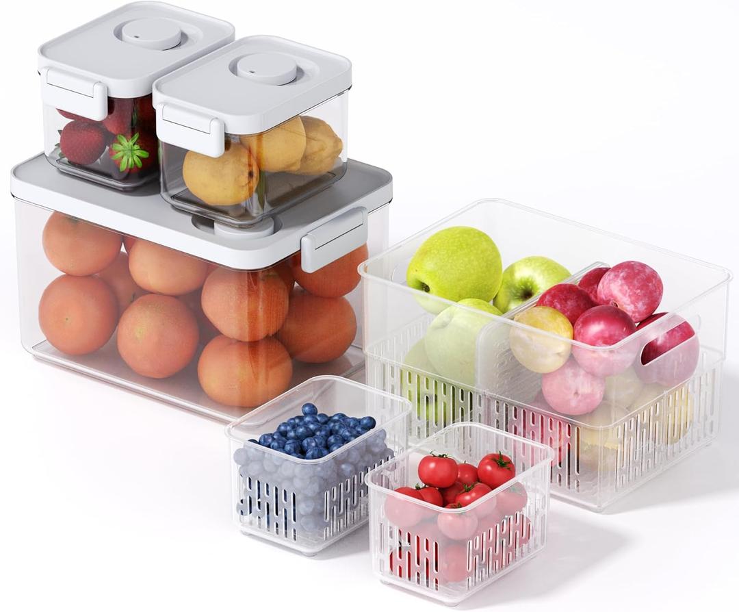 vacane 3 Pack Produce Saver with Removable Colanders, Clear Fruit Containers for Fridge Dishwasher Safe Lettuce Keeper Berry Containers, Keep Vegetable Food Fresh (Set of 3 (2*3.8 Cup+26 Cup))