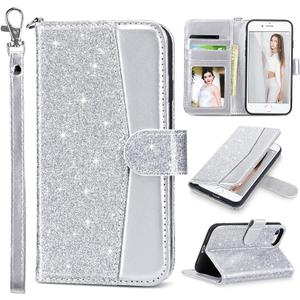 ULAK for iPhone SE 3(2022)/SE(2020)/8/7 Wallet Case with Card Holder, Premium PU Leather Flip Case with Kickstand Card Slots,Wrist Strap, Durable Shockproof Cover 4.7 Inch, Silver