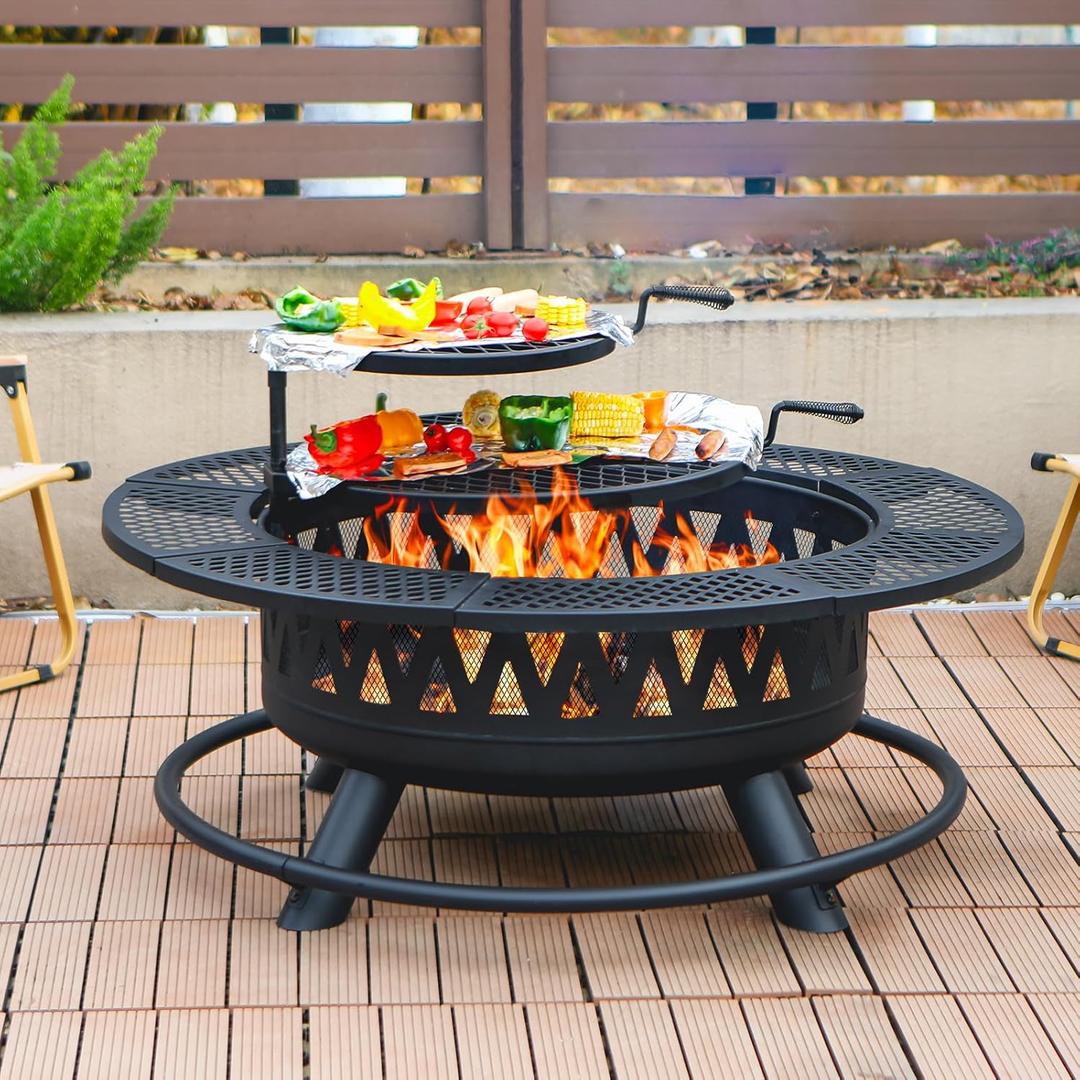 42 Inch Fire Pit with 2 Grills, Large Outdoor Firepits for Outside, Wood Burning Fireplace for Camping,Picnic,Bonfire, 3-in-1 Round Metal Table with Lid for Backyard,Patio,Party (42 Inch/2 Grill)