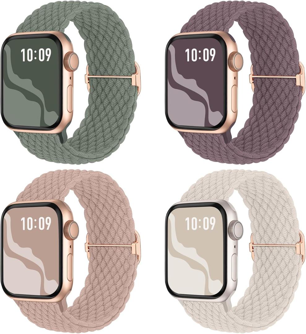 Braided Stretchy Solo Loop Compatible for Apple Watch Band 38mm 40mm 41mm 42mm 44mm 45mm 46mm 49mm for Women Men, Nylon Elastic Straps Wristbands for iWatch Series 10 9 8 7 6 SE 5 4 3 2 Ultra Ultra 2 (Starlight/Nude Pink/Smoke Violet/Cactus) 4 Pack