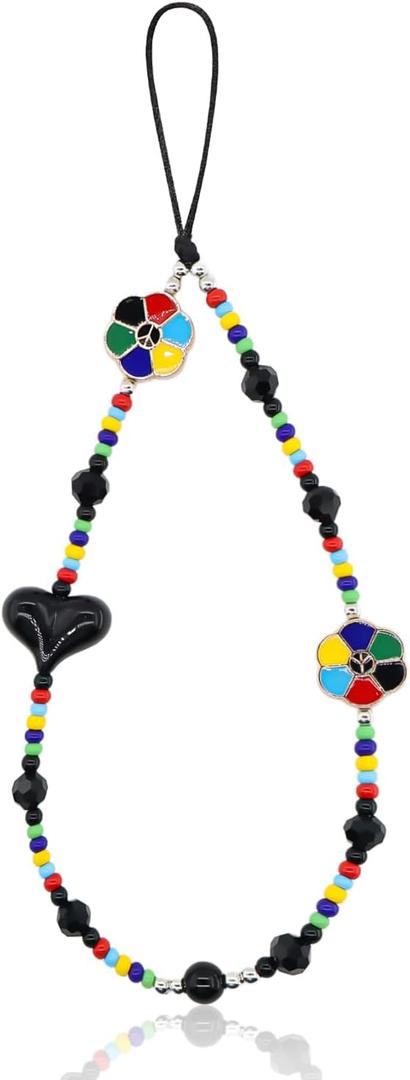 Phone Charm with Beaded Crystals, Universal Phone Strap, Handmade phone charms strap for Women Girls (Black Heart)